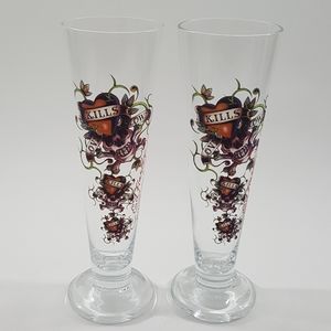 Vintage 2pc 10" Tall Glass Drinking Barware Edd Hardy By Christian Audigier